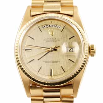 Mens Rolex 18K  Yellow Gold Day-Date Watch Gold Linen Dial 1803 (SKU 2032083AMT)