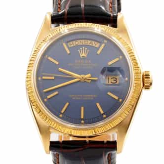 Mens Rolex 18K Yellow Gold Day-Date Bark Bezel Watch with Blue Dial 1807 (SKU 2345181AMT)