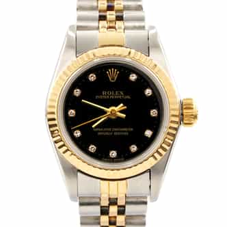 Ladies Rolex Two-Tone 18K/SS Oyster Perpetual Watch Black Diamond Dial 67193 (SKU 9835735AMT)