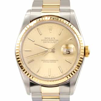 Mens Rolex Two-Tone Yellow Gold Stainless Steel Datejust Watch Gold Dial 16233 (SKU L936288AMT)