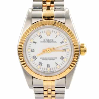 Pre Owned Ladies Rolex 2Tone Oyster Perpetual Watch White Roman Dial 76193 (SKU P800671AMT)