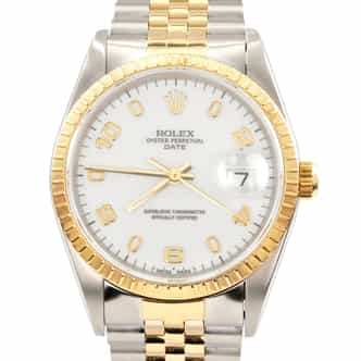 Mens Rolex Two-Tone 18K/SS Date Watch White Arabic Dial 15223 (SKU S857803AMT)