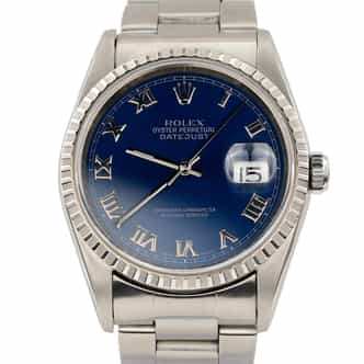 Mens Rolex Stainless Steel Datejust Watch Blue Roman Dial 16220 (SKU B16220FPAMT)