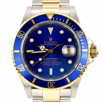 Mens Rolex Two-Tone 18K/SS Submariner Watch Blue Dial 16613T (SKU D226222AMT)