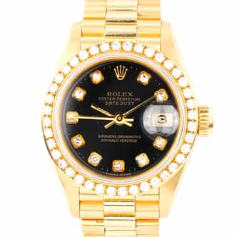 Ladies Rolex 18K Yellow Gold Datejust President 69178 Watch Black Diamond (SKU E256384AMT)