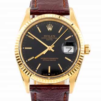 Mens Rolex 14K Yellow Gold Date Watch Black Dial Brown Leather Band 15037 (SKU 9490518AMT)