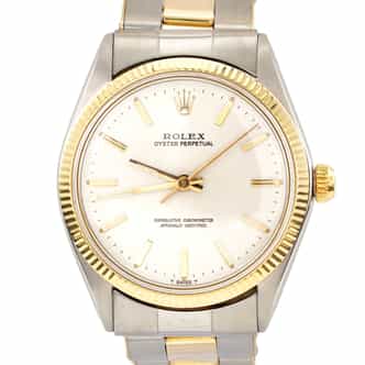 Mens Rolex Two-Tone Oyster Perpetual Watch Silver Dial Oyster Rivet Band 1005 (SKU 5459830CAMT)