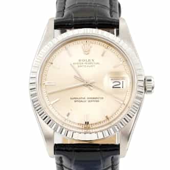 Mens Rolex Stainless Steel Datejust Watch Silver Dial Black Leather Band 16233 (SKU X313142AMT)