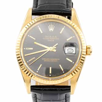 Mens Rolex 14K Yellow Gold Date Watch Black Dial Black Leather Band 15037 (SKU 9490518BLAMT)