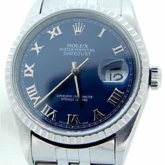 Mens Rolex Stainless Steel Datejust Watch Blue Roman 16220 (SKU BDJ2104DMT)