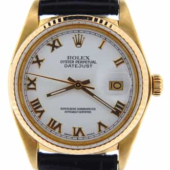 Mens Rolex 18K Yellow Gold Datejust White Roman 16018 (SKU 7412517NBLKBCDMT)
