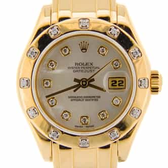 Ladies Rolex 18K Yellow Gold Datejust Pearlmaster White MOP Diamond 69318 (SKU W074718NMTP)