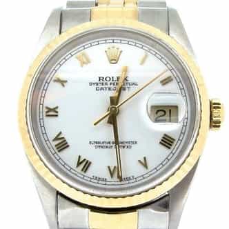 Mens Rolex Two-Tone 18K/SS Datejust White Roman 16233 (SKU T592568ABCMT)