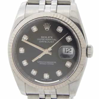 Mens Rolex Stainless Steel Datejust Watch Black Diamond 116234 (SKU 116234BLKAMT)