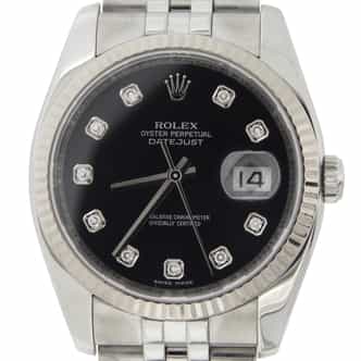 Mens Rolex Stainless Steel Datejust Watch 116234 with Black Diamond Dial and Papers (SKU Z075884MT)