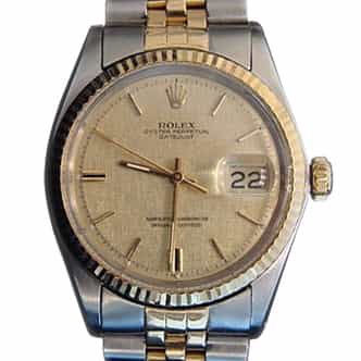 Mens Rolex Two-Tone Datejust 1601 Watch with Gold Linen Dial (SKU 791MT)