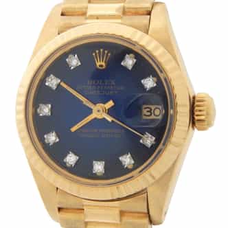 Ladies Rolex 18K Yellow Gold Datejust President Watch 6917 Blue Vignette Diamond (SKU 6525049AMT)