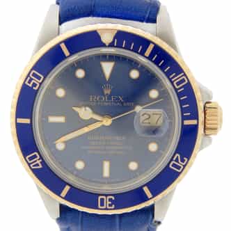 Mens Rolex Two-Tone 18K/SS Submariner Watch 16803 Blue Strap (SKU 9301293LAMT)
