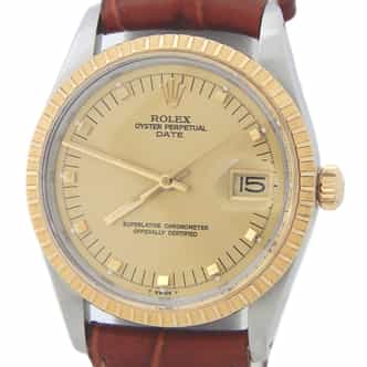 Mens Rolex Two-Tone 18K/SS Date Champagne Dial Brown Leather 15053 (SKU 8394916AMT)