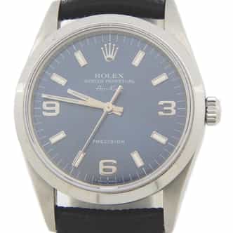 Mens Rolex Stainless Steel Air-King 14000 Watch Blue Arabic Dial Black Leather (SKU U27E314AMT)