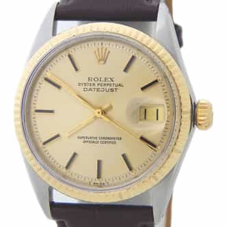 Mens Rolex Two-Tone Datejust 1601 Gold Champagne Dial Watch with Brown Strap (SKU 1252423BRAMT)