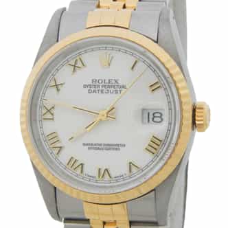 Mens Rolex Two-Tone 18K/SS Datejust 16233 Watch White Roman Dial (SKU S215591AMT)