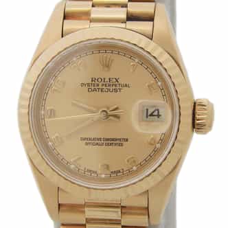 Ladies Rolex 18K Yellow Gold Datejust Watch with Gold Champagne Arabic Dial 69178 (SKU 9176032AAMT)