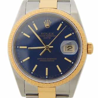 Mens Rolex Two-Tone 18K/SS 15203 Date Watch with Blue Dial and Papers (SKU D495171AMT)