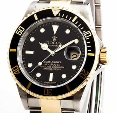 Mens Rolex Two-Tone Submariner 16613T with Black Dial & Bezel - Mid 2000s (SKU 16613T111MT)