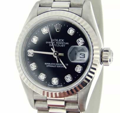 Ladies Rolex 18K White Gold Datejust President Black Diamond 79179 (SKU K415670MT)