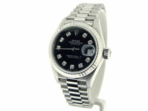 Ladies Rolex 18K White Gold Datejust President Black Diamond 79179 (SKU K415670MT)
