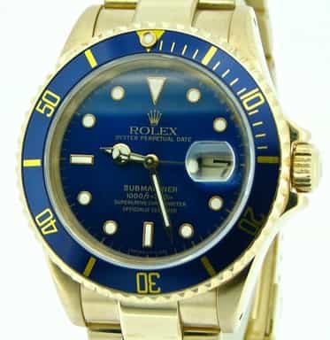Mens Rolex 18K Yellow Gold Submariner Blue  16618 (SKU N301320NNMT)