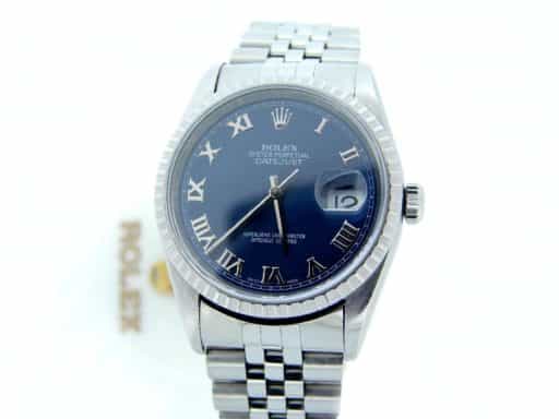Mens Rolex Stainless Steel Datejust Watch Blue Roman 16220 (SKU BDJ2104DMT)
