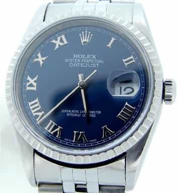 Mens Rolex Stainless Steel Datejust Watch Blue Roman 16220 (SKU BDJ2104DMT)