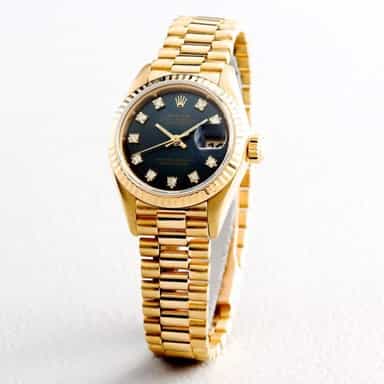 Ladies Rolex 18K Yellow Gold Datejust President Black Diamond 69178 (SKU 69178BLKMT)