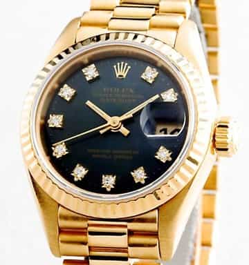 Ladies Rolex 18K Yellow Gold Datejust President Black Diamond 69178 (SKU 69178BLKMT)