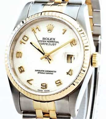 Mens Rolex Two-Tone 18K/SS Datejust White Arabic 16233 (SKU 16233111MT)