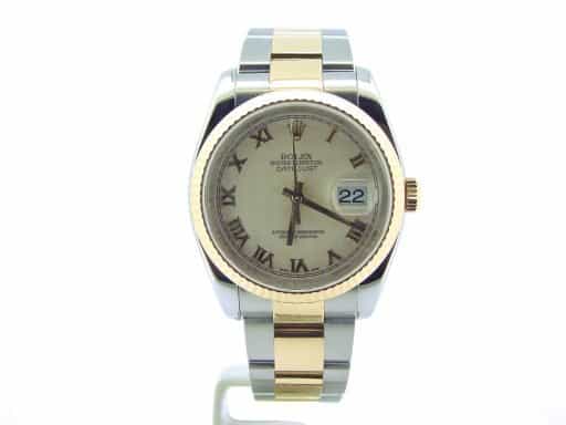 Mens Rolex Datejust 116233 Two-Tone 18k Gold and Steel Watch with Pyramid Roman Dial (SKU F670294NM)