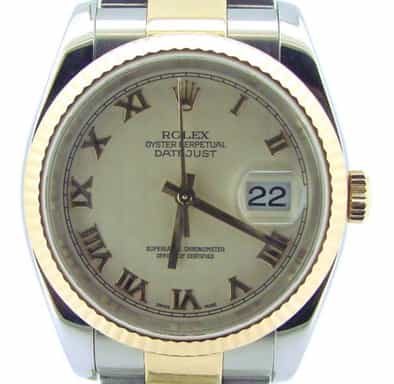 Mens Rolex Datejust 116233 Two-Tone 18k Gold and Steel Watch with Pyramid Roman Dial (SKU F670294NM)