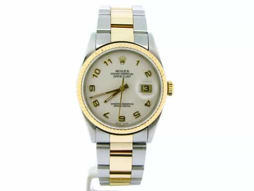 Mens Rolex Two-Tone Yellow Gold/ Stainless Steel Datejust White Arabic 16233 (SKU X402677NOYSBCMT)
