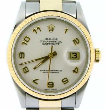 Mens Rolex Two-Tone Yellow Gold/ Stainless Steel Datejust White Arabic 16233 (SKU X402677NOYSBCMT)