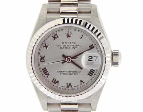 Ladies Rolex 18K White Gold Datejust President Silver Roman 69179 (SKU A811688NMT)