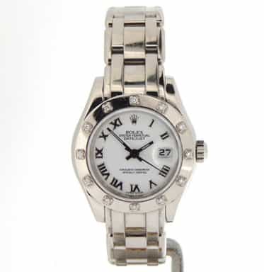 Ladies Rolex 18K White Gold Datejust Pearlmaster White Roman 80319 (SKU D805030NMT)