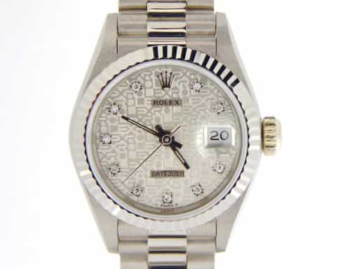 Ladies Rolex 18K White Gold Datejust President Silver Diamond 69179 (SKU L853088NMT)