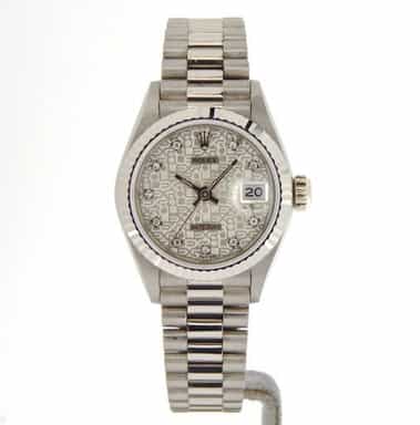 Ladies Rolex 18K White Gold Datejust President Silver Diamond 69179 (SKU L853088NMT)