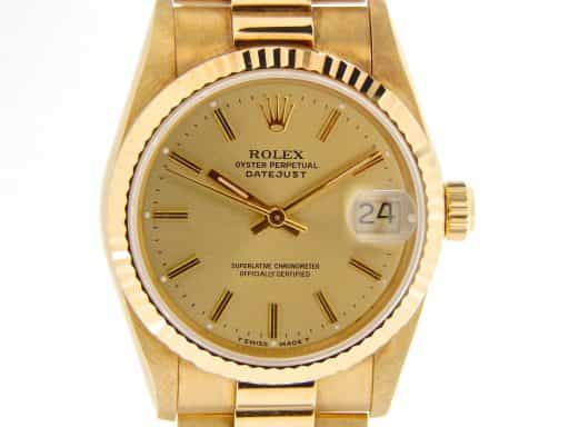 Ladies 31mm MidSize Rolex 18K Yellow Gold Datejust President  68278 (SKU S995326NMT)