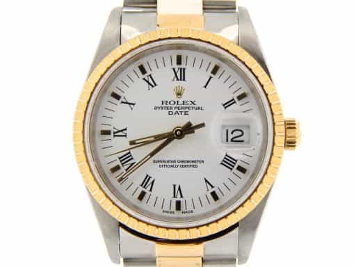 Mens Rolex Two-Tone Date Watch with White Roman Dial 15223 (SKU K162567NMT)