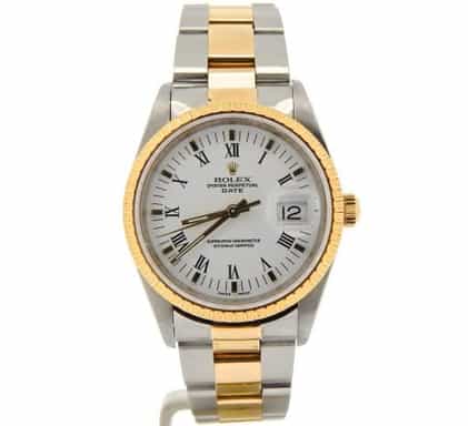 Mens Rolex Two-Tone Date Watch with White Roman Dial 15223 (SKU K162567NMT)