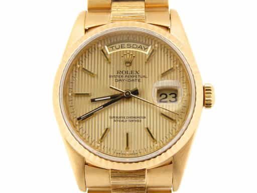 Mens Rolex 18K Gold Day-Date President with Bark Finish and Fluted Bezel (SKU W120442NBRKMT)