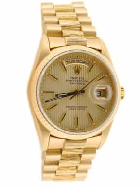 Mens Rolex 18K Gold Day-Date President with Bark Finish and Fluted Bezel (SKU W120442NBRKMT)